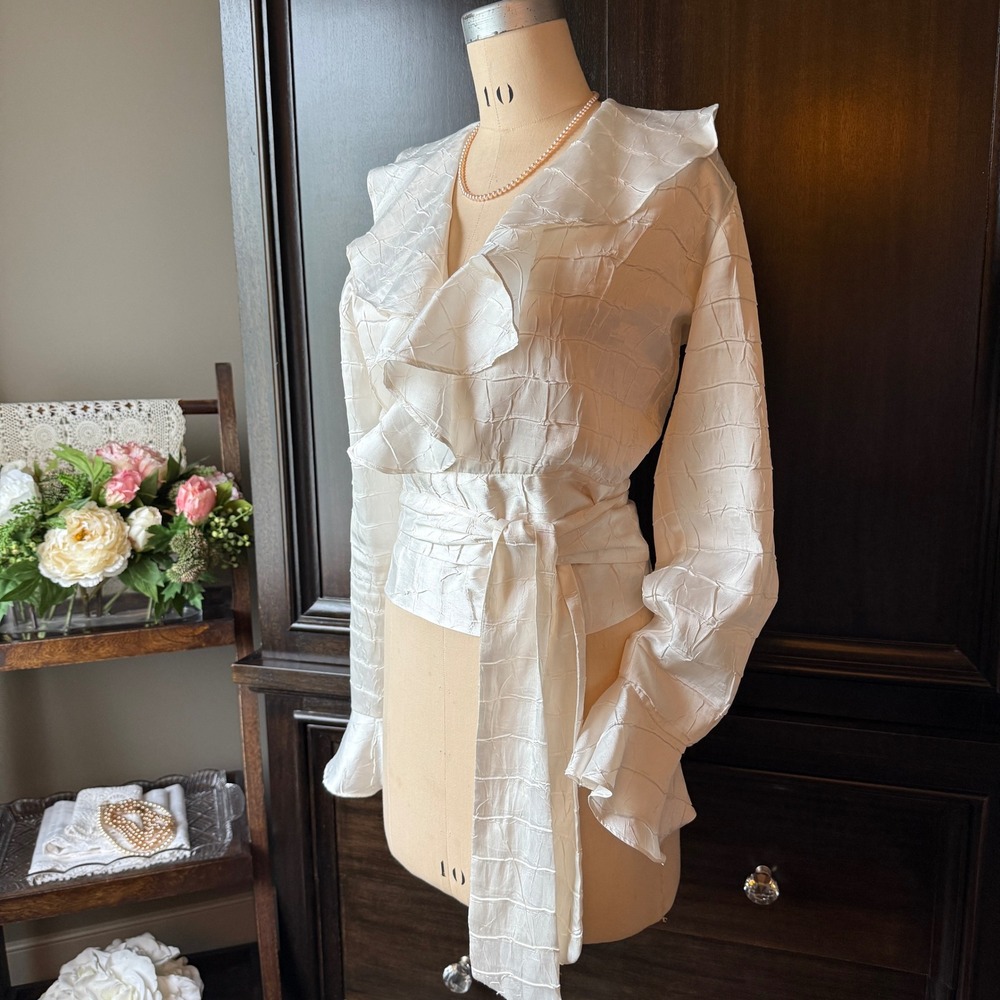 Vintage Franco Mirabelli Satin Wrap Blouse Ruffle Bell Sleeve Ivory Romantic S